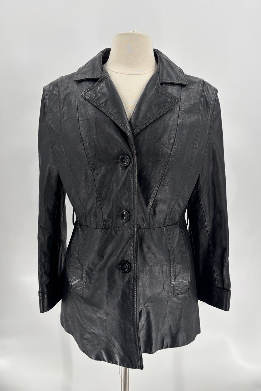 Vintage 70s 80s Sears Leather Jacket Womens Small Black Lined Buttons Moto Biker